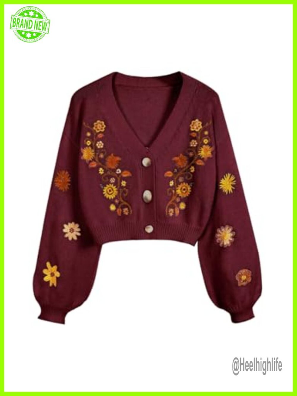 Cropped Floral Cardigan Button Front Long Sleeve V-Neck Boho Cottagecore